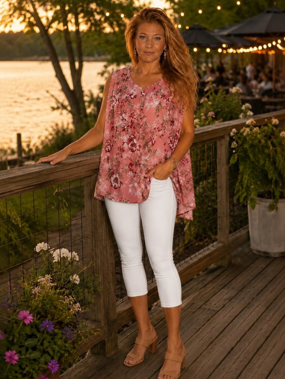 Woman Within Pink Floral Cold-Shoulder Button-Front Blouse